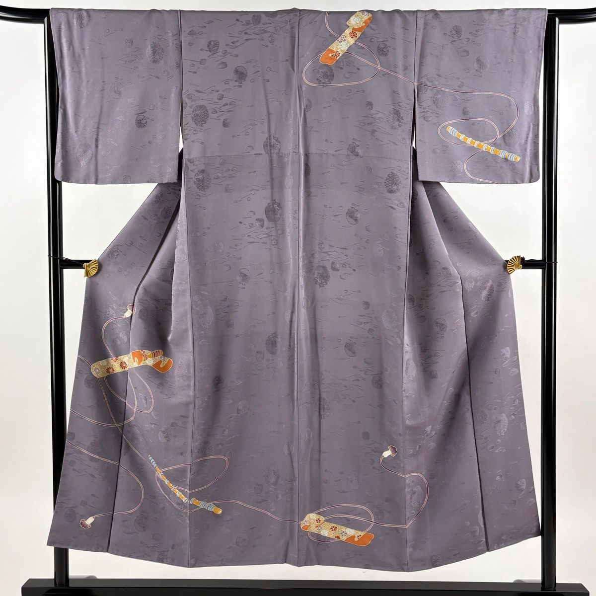 訪問着 身丈150cm 裄丈64cm M 袷 笛 組紐 金彩 薄紫 正絹 秀品 【中古