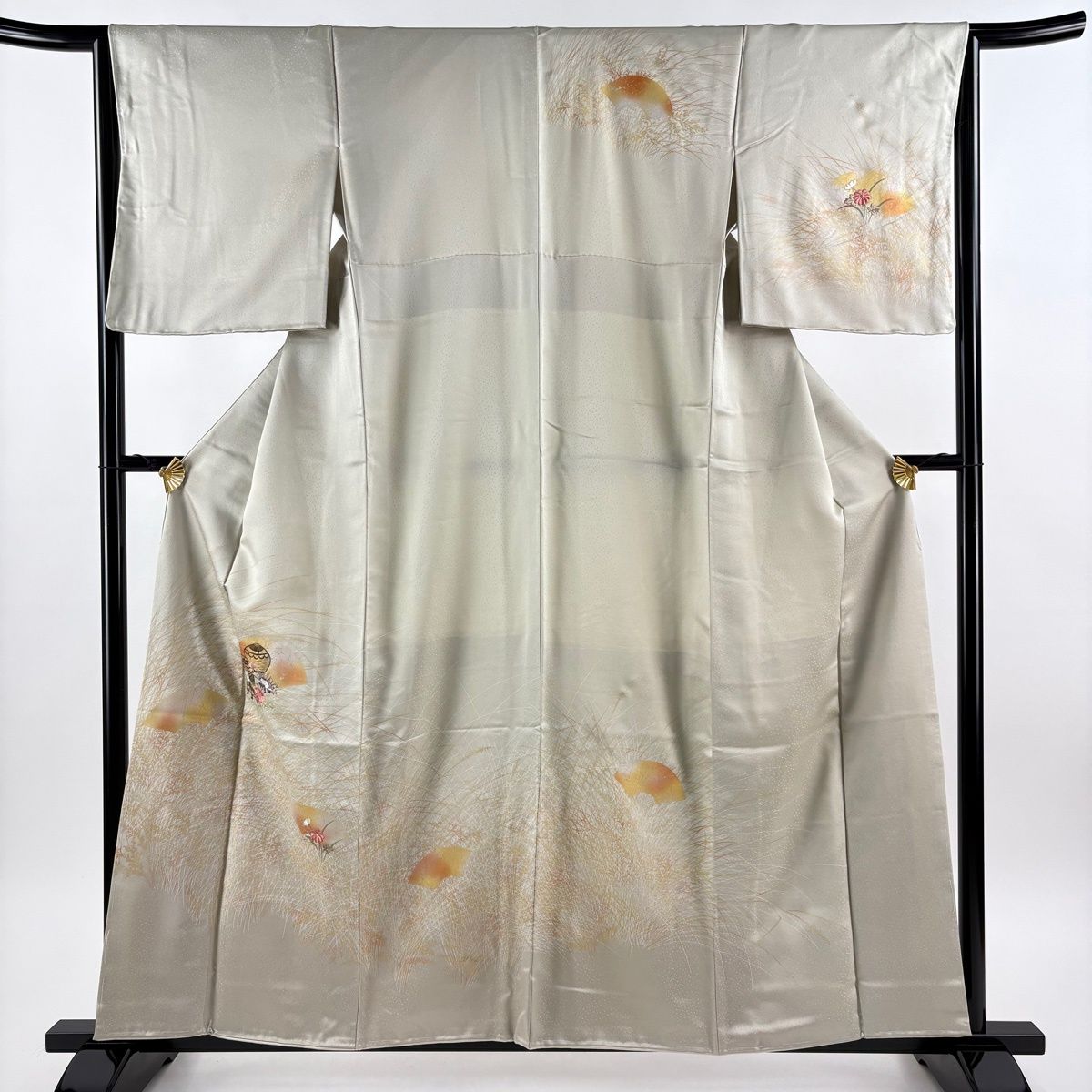 訪問着 身丈158.5cm 裄丈64cm M 袷 草花 貝桶 金糸 金彩 灰緑 正絹 秀