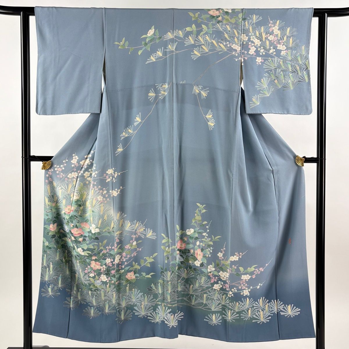 訪問着 身丈150cm 裄丈60.5cm S 袷 阿部佳雪 落款 松梅 椿 ぼかし 水色