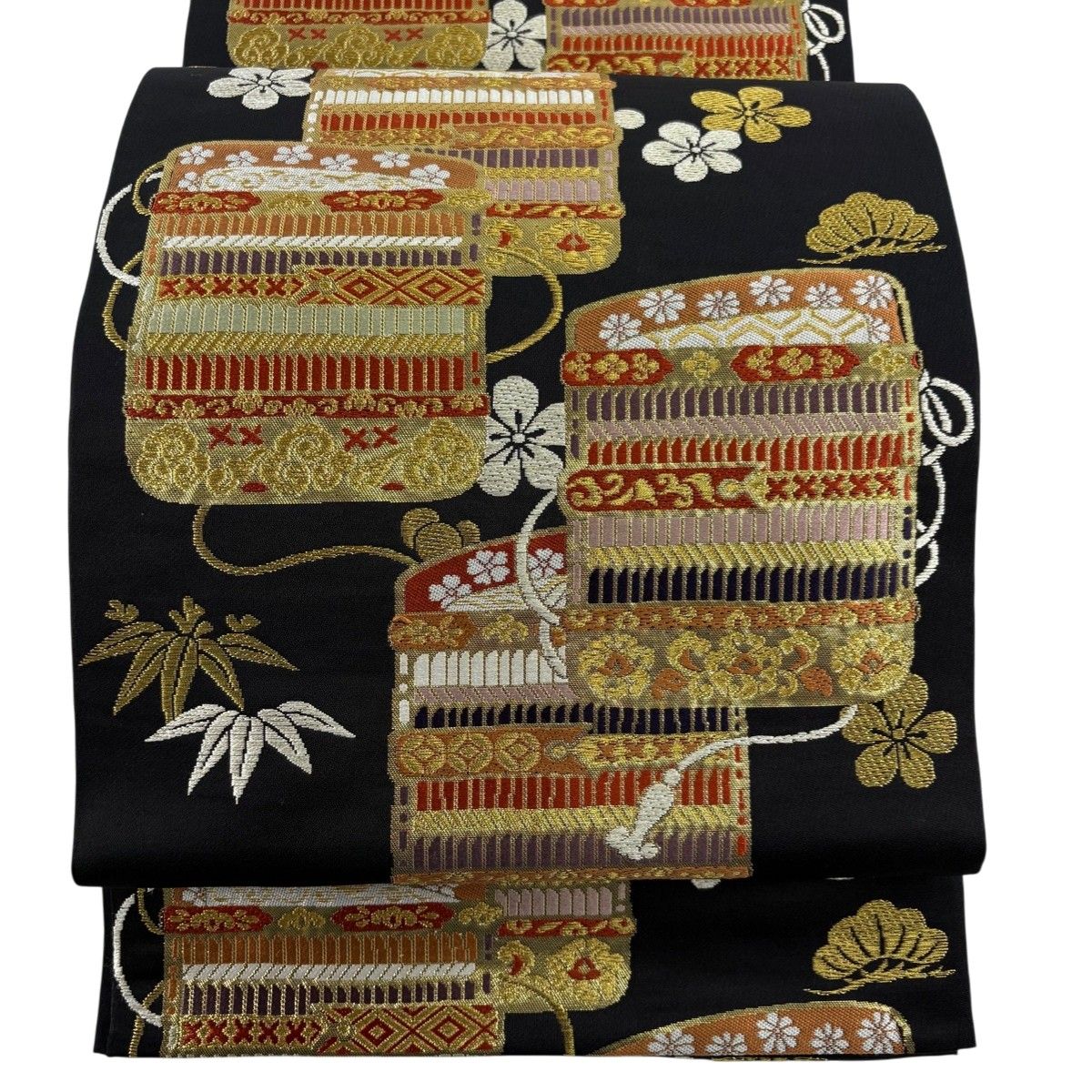美品】 袋帯 名品 本袋 松竹梅鎧文 箔 金糸 黒 全通 正絹 【中古