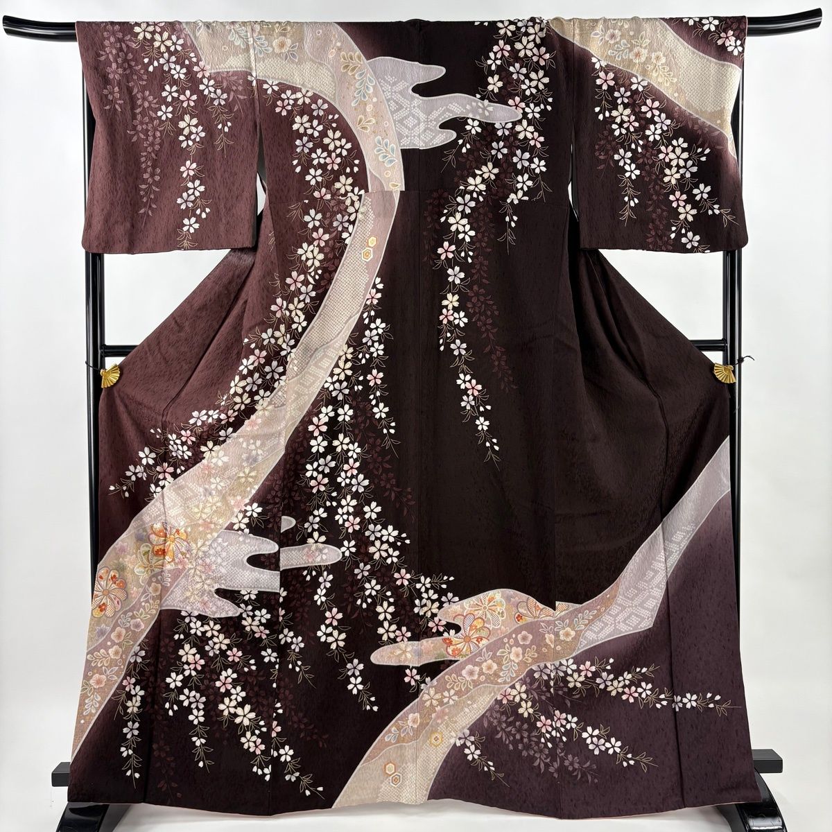 訪問着 身丈167cm 裄丈69cm L 袷 菊 桜 金糸 金彩 茶紫 正絹 名品