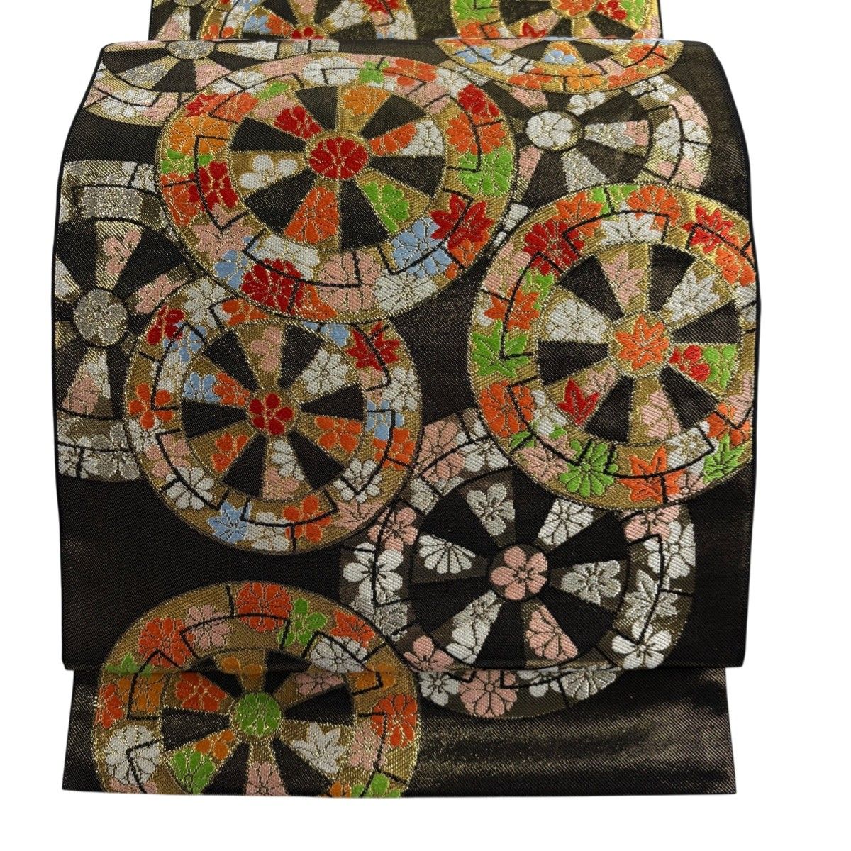 美品】 袋帯 秀品 川島織物 落款 源氏車 花 箔 刺繍 黒 全通 正絹