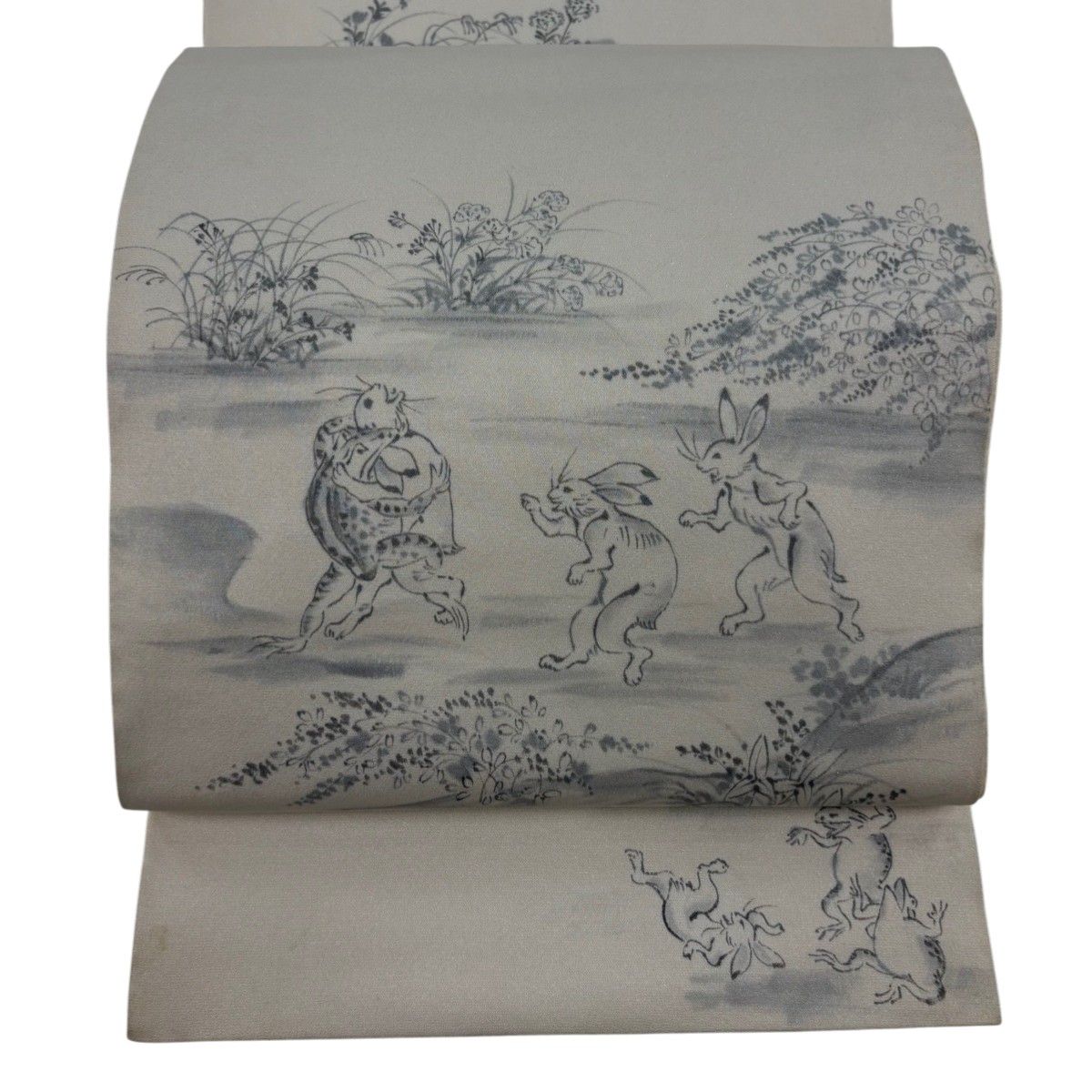 袋帯 秀品 落款 鳥獣戯画 草花 銀通し クリーム お太鼓柄 正絹 【中古