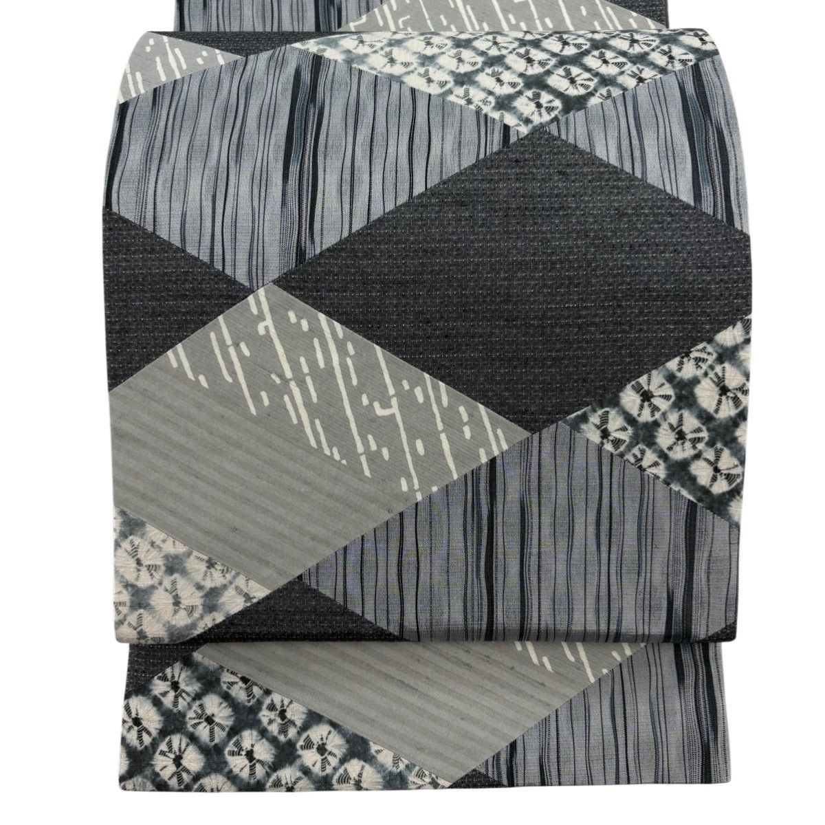 美品】 袋帯 秀品 よろけ縞 幾何学模様 切嵌 絞り 灰色 全通 正絹