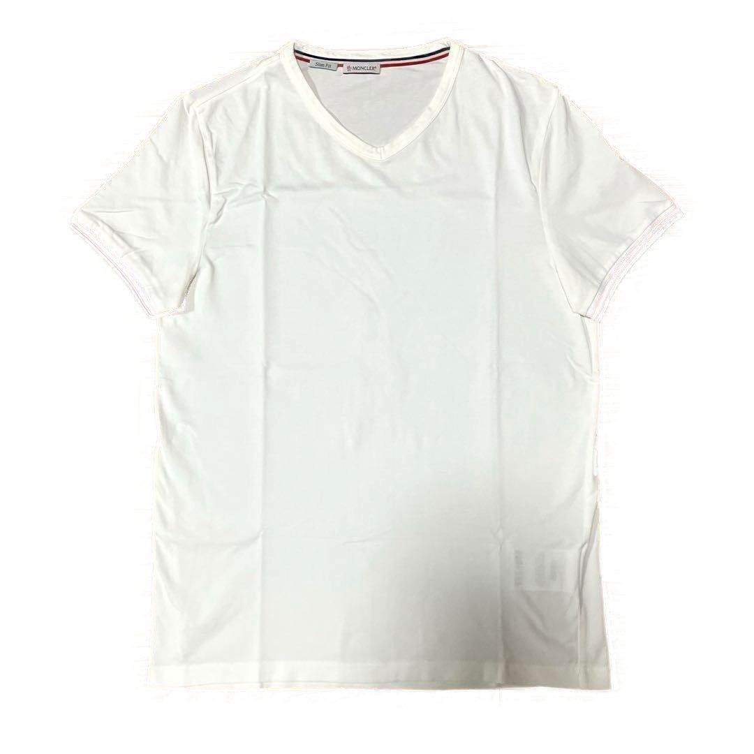 MONCLER トリコロールリブ Vネック Tシャツ スリムフィットL 4S263 