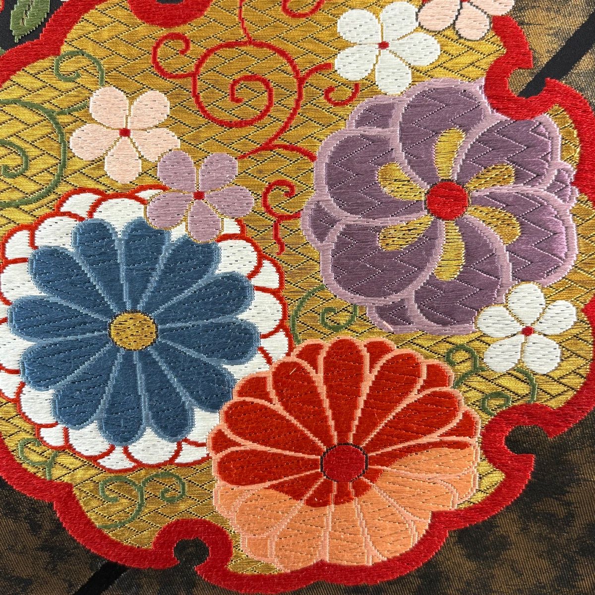 袋帯 秀品 引箔 雪輪桧垣文 花唐草 金糸 唐織 金茶 六通 正絹 【中古