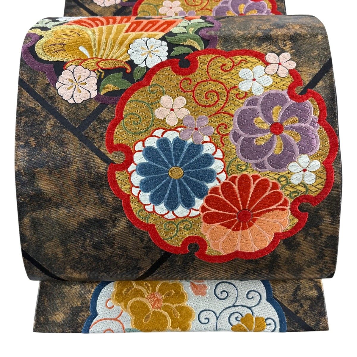 袋帯 秀品 引箔 雪輪桧垣文 花唐草 金糸 唐織 金茶 六通 正絹 【中古