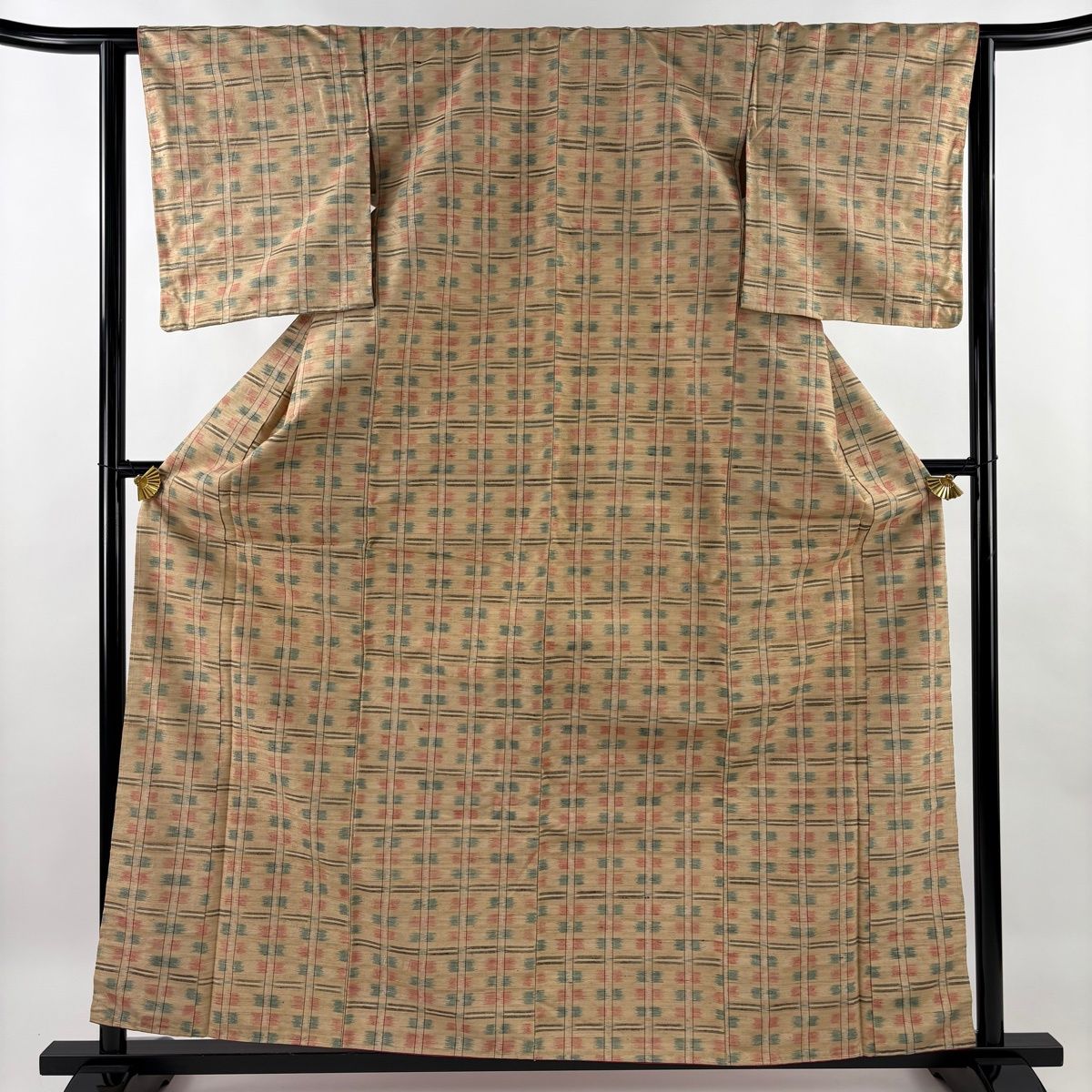 美品】 紬 身丈161cm 裄丈63cm S 袷 縞 幾何学模様 薄茶色 正絹 優品