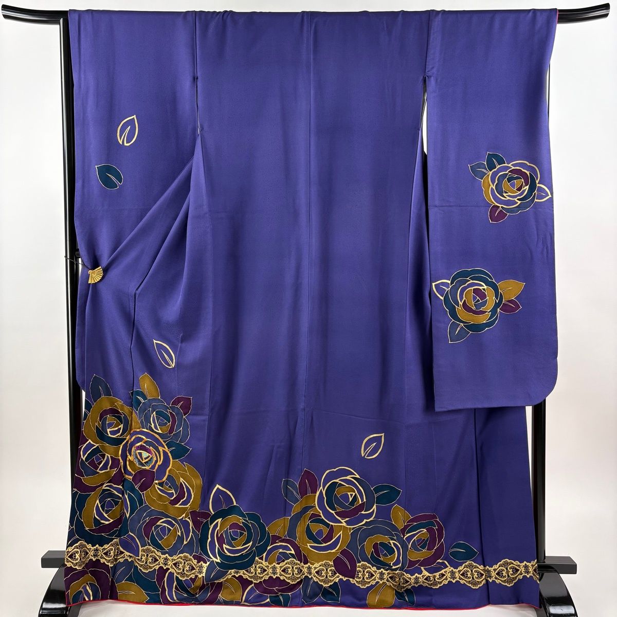 振袖 身丈170cm 裄丈67cm M 袷 薔薇 金糸 刺繍 紫 正絹 秀品 【中古