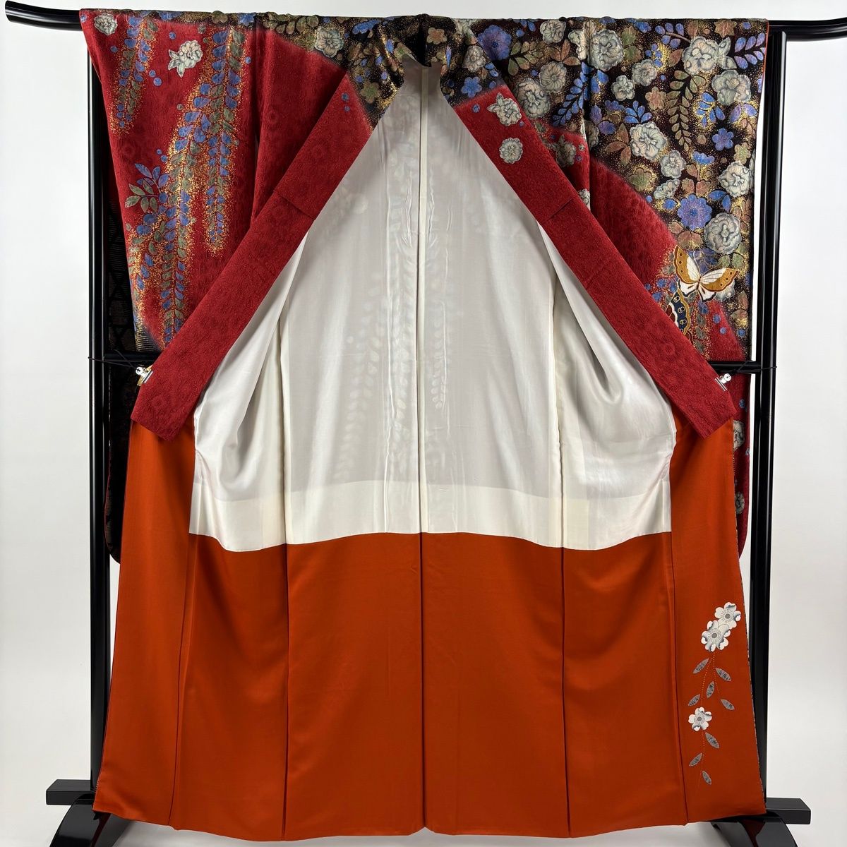 振袖 身丈162cm 裄丈67cm M 袷 蝶 草花 金彩 染め分け 赤 正絹 秀品