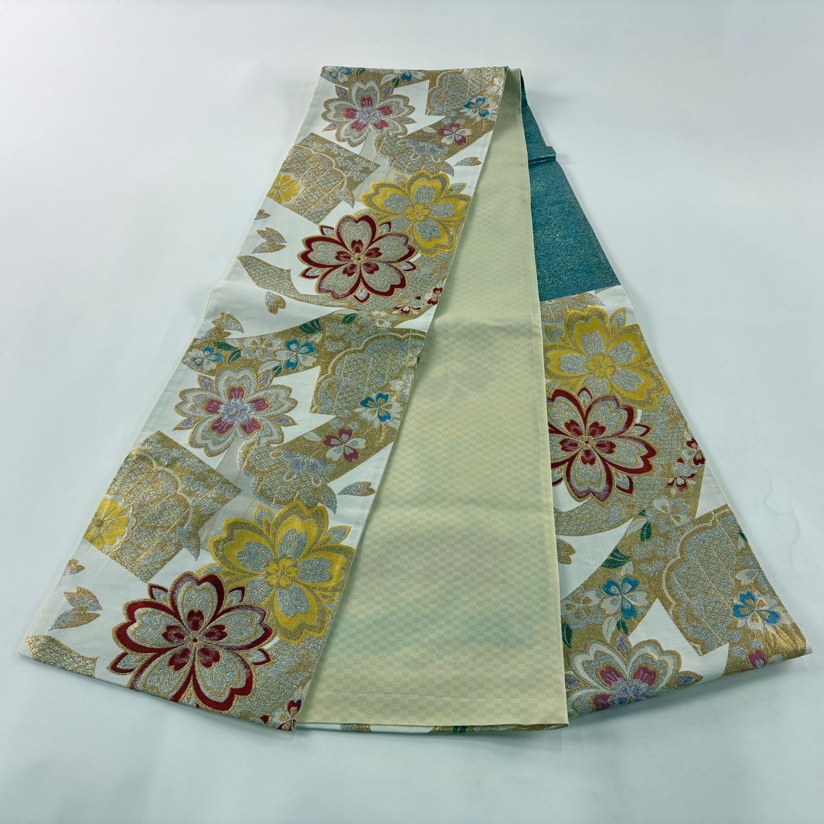 美品】 袋帯 秀品 振袖向き 桜 源氏香 金銀糸 箔 白 六通 正絹 【中古