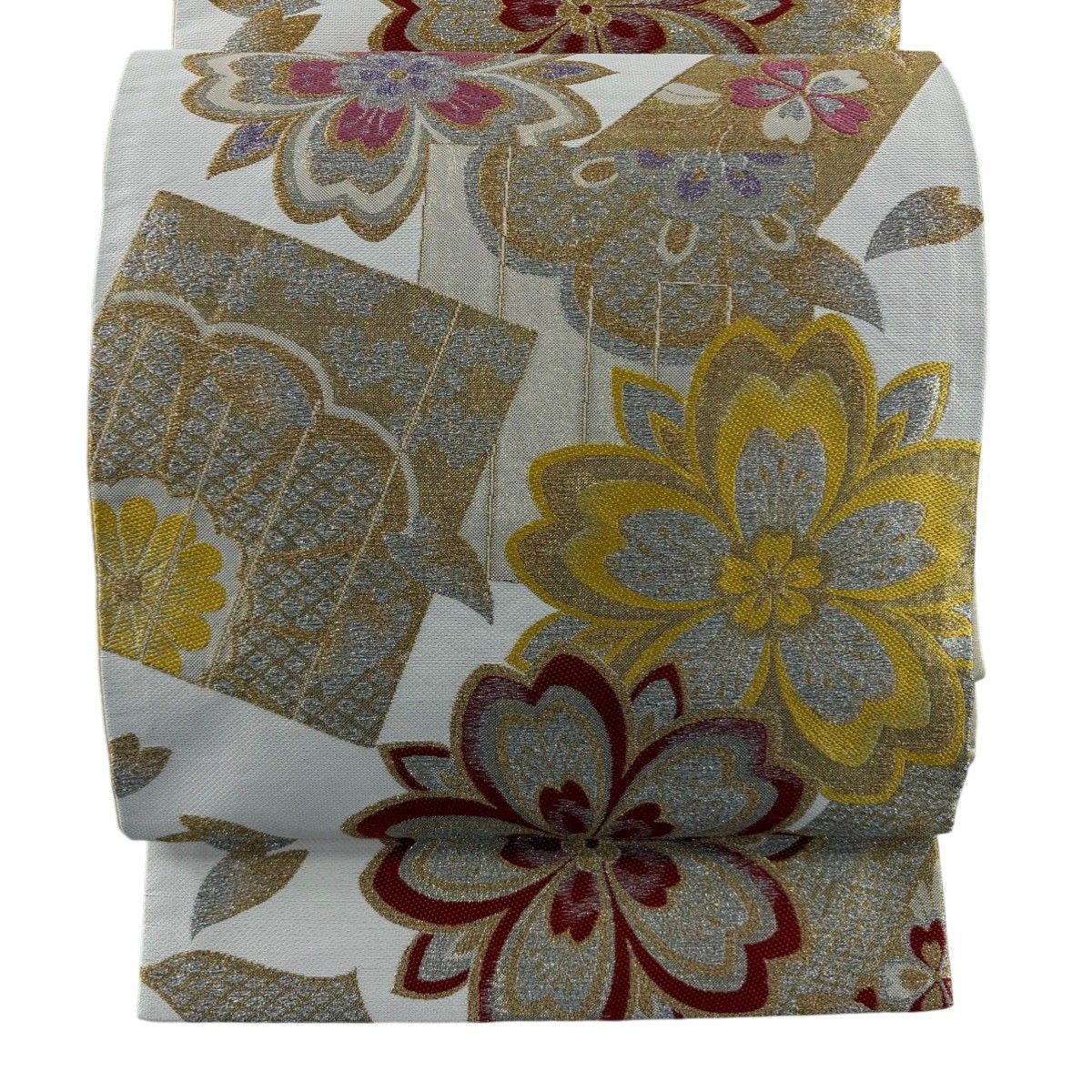 美品】 袋帯 秀品 振袖向き 桜 源氏香 金銀糸 箔 白 六通 正絹 【中古