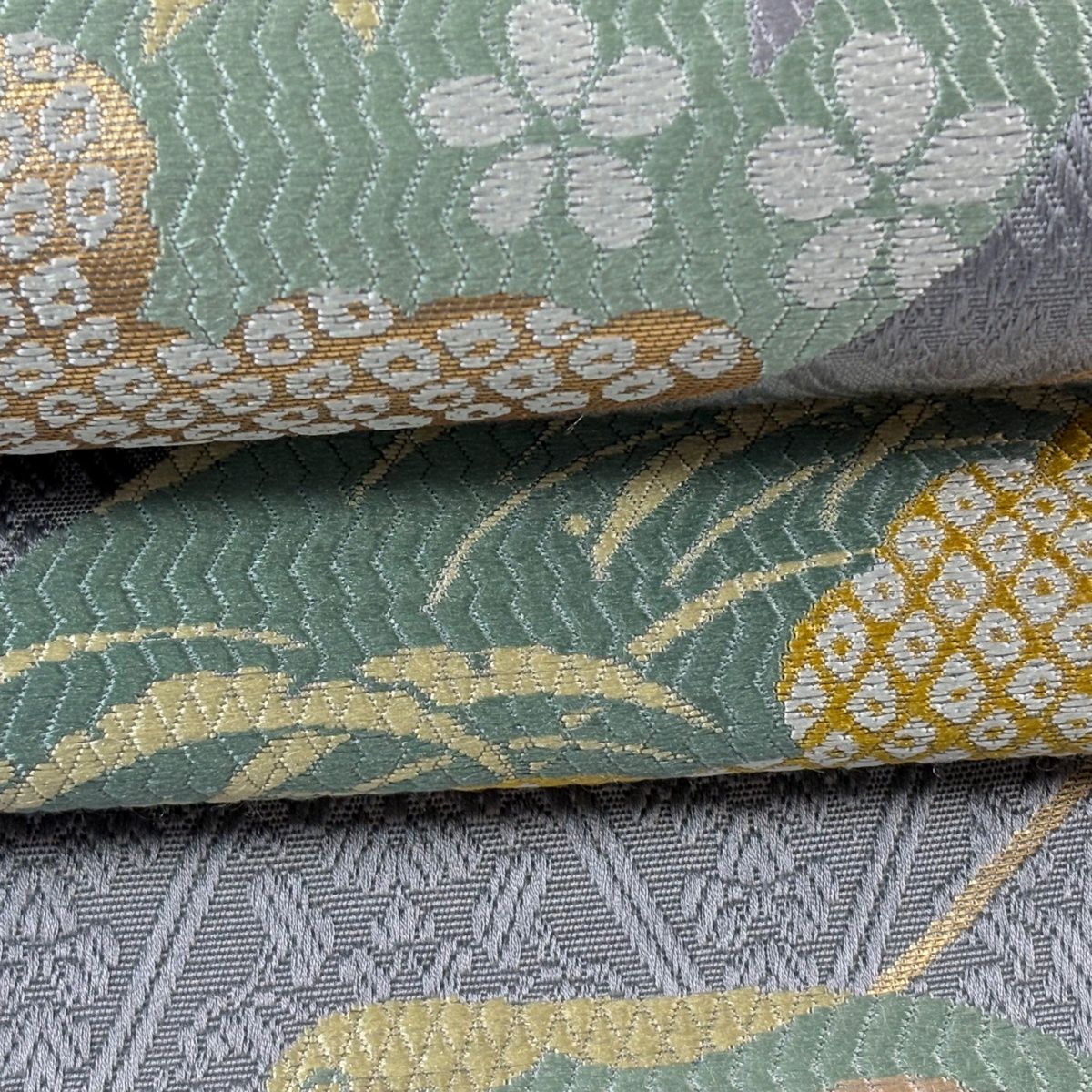 美品】 袋帯 秀品 貝合わせ 七宝 金糸 箔 灰紫 六通 正絹 【中古 