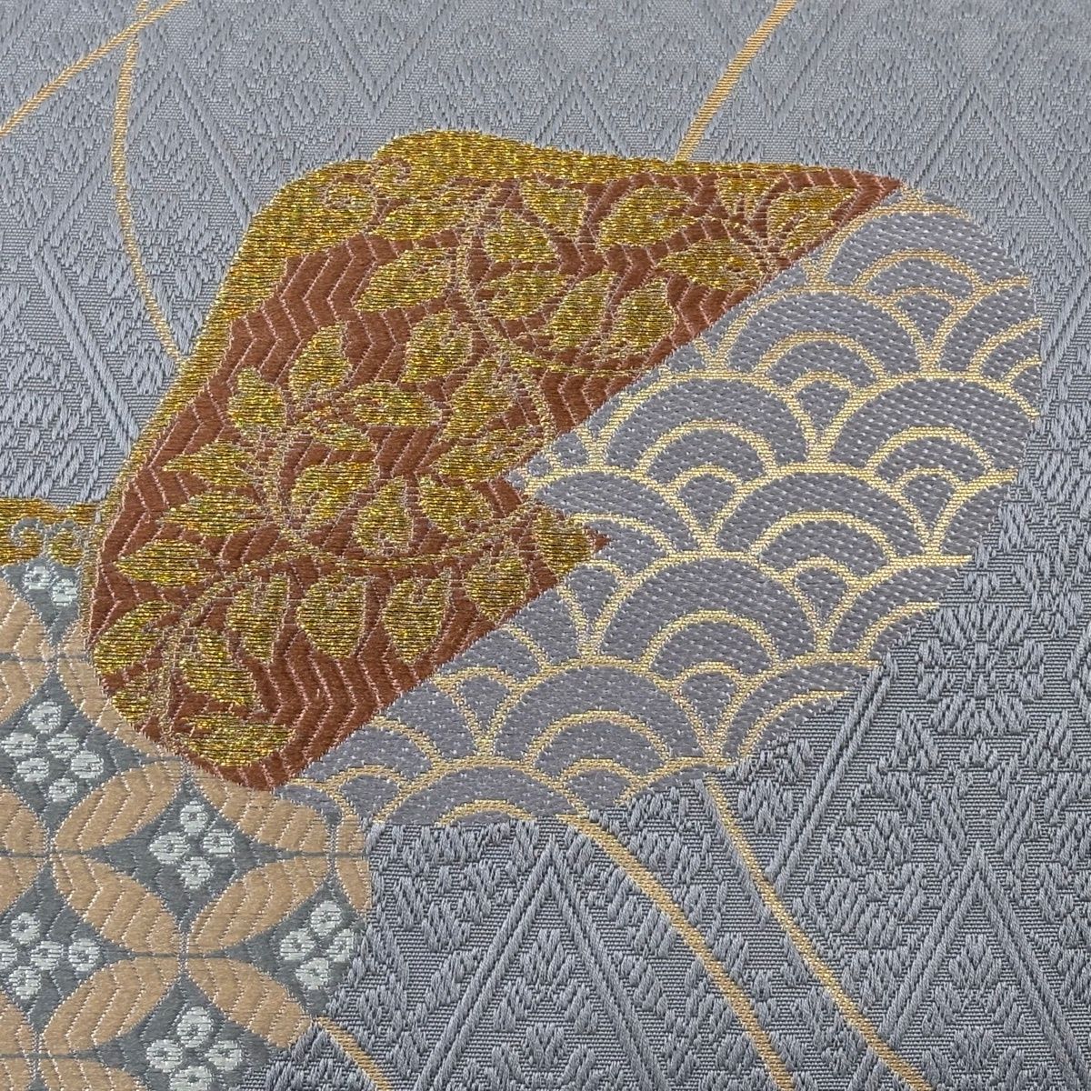 美品】 袋帯 秀品 貝合わせ 七宝 金糸 箔 灰紫 六通 正絹 【中古 