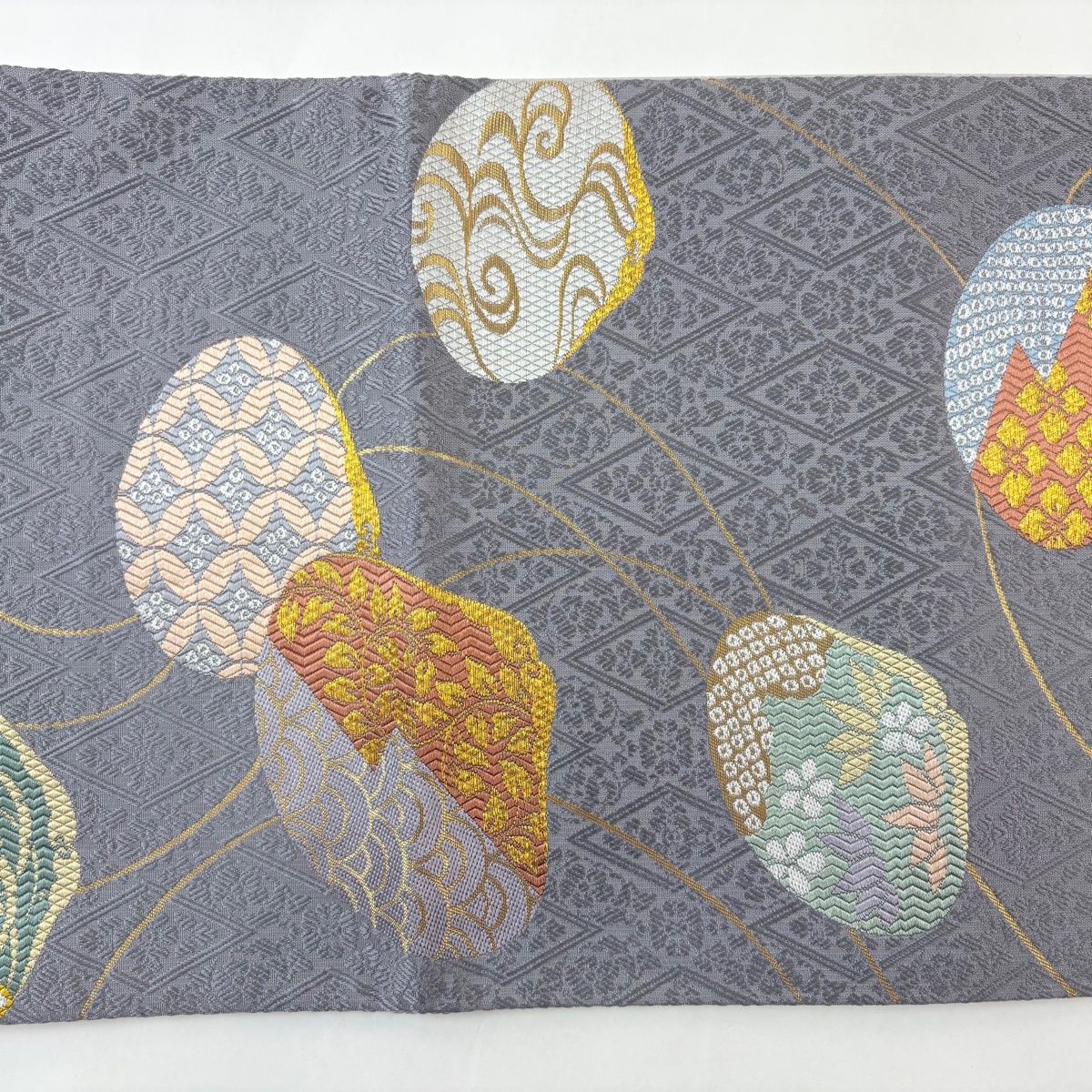 美品】 袋帯 秀品 貝合わせ 七宝 金糸 箔 灰紫 六通 正絹 【中古 