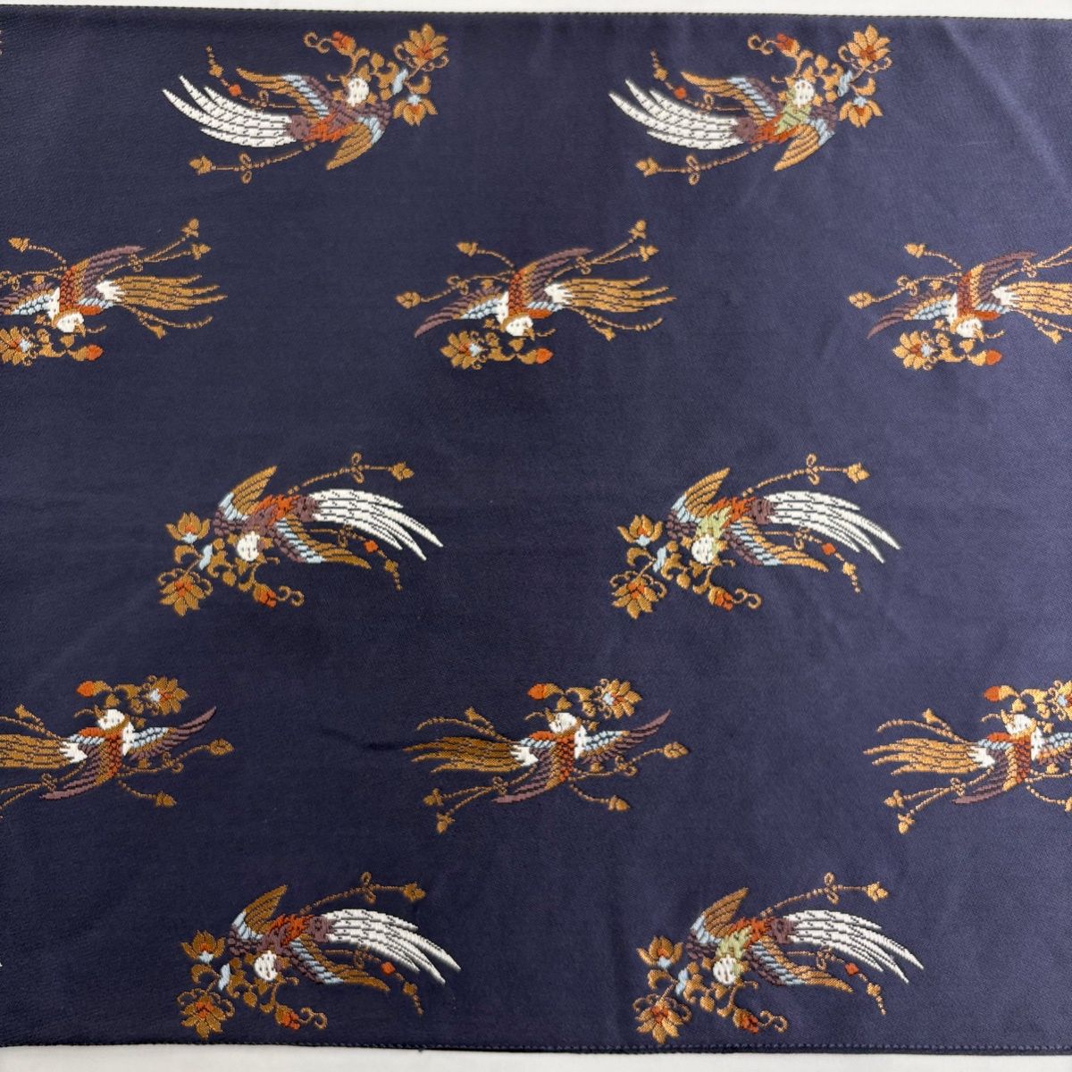 袋帯 秀品 あけぼの繭 花喰鳥文 箔 唐織 青紫 お太鼓柄 正絹 【中古