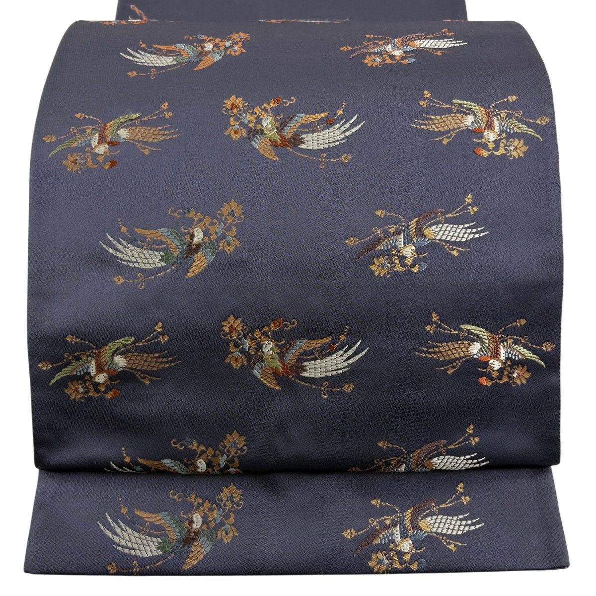 袋帯 秀品 あけぼの繭 花喰鳥文 箔 唐織 青紫 お太鼓柄 正絹 【中古