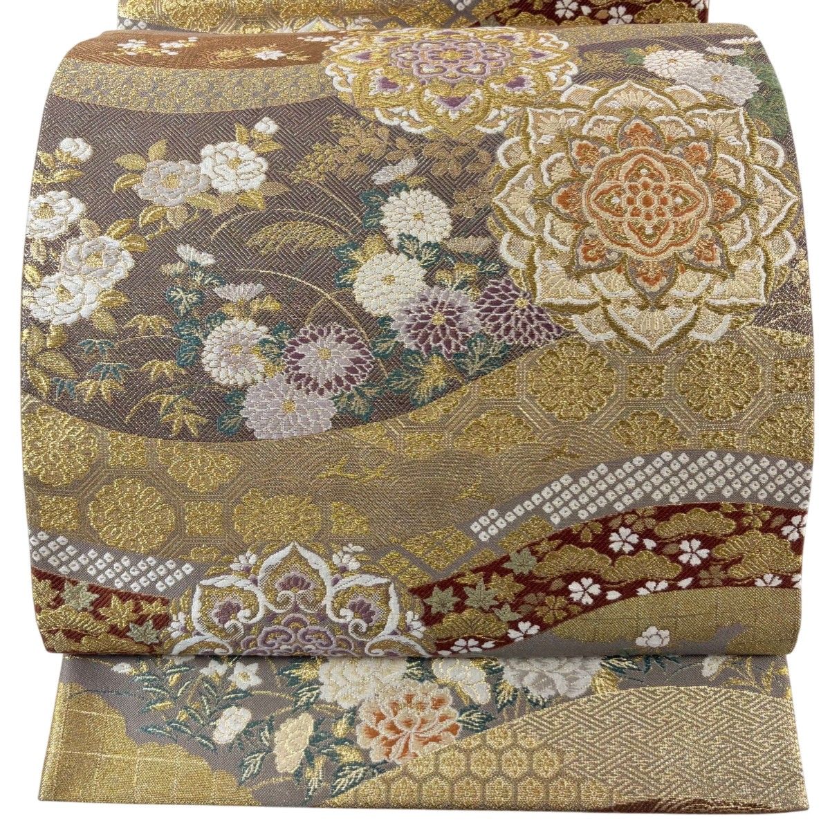 美品】 袋帯 秀品 やまと 華文 波 金糸 箔 金色 六通 正絹 【中古