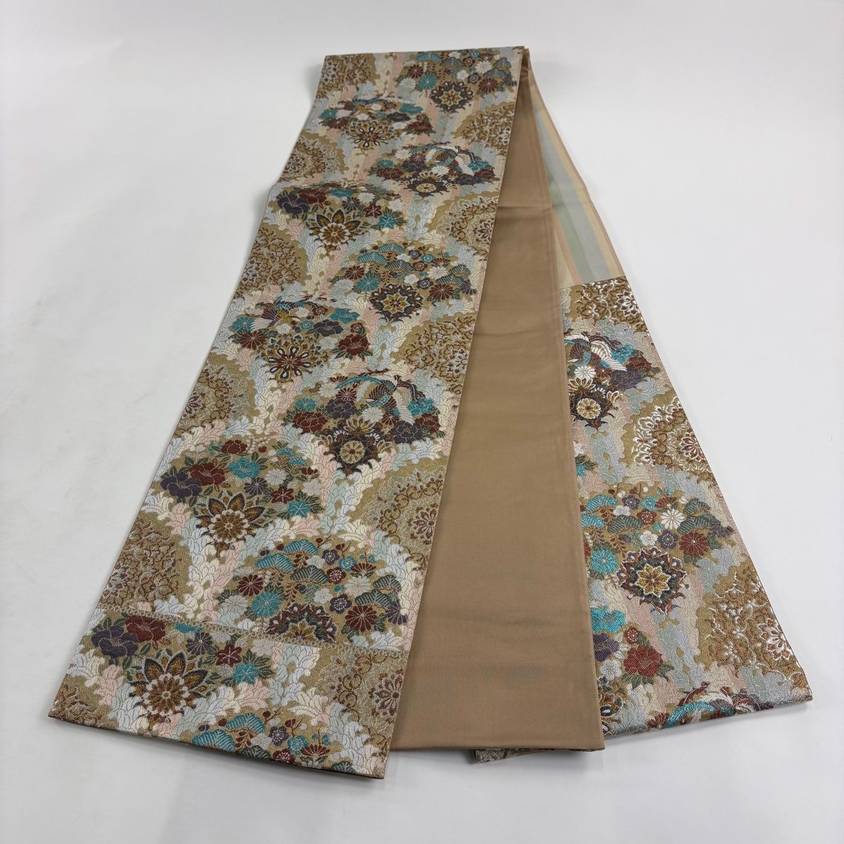 美品】 袋帯 秀品 錦繍織 華文 花鳥 銀糸 箔 金茶 六通 正絹 【中古