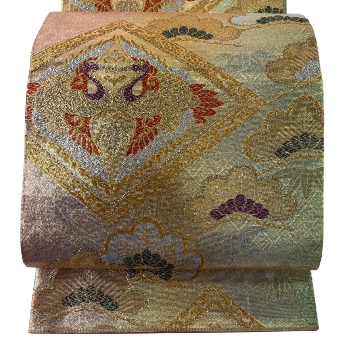 袋帯 秀品 振袖向き 松 向かい鳥 金糸 箔 金色 六通 正絹 【中古