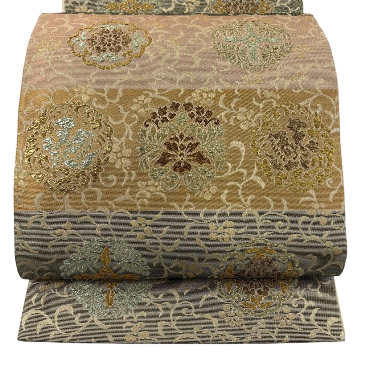 美品】 袋帯 秀品 鈴乃屋 草花 鳥 金糸 箔 灰緑 六通 正絹 【中古