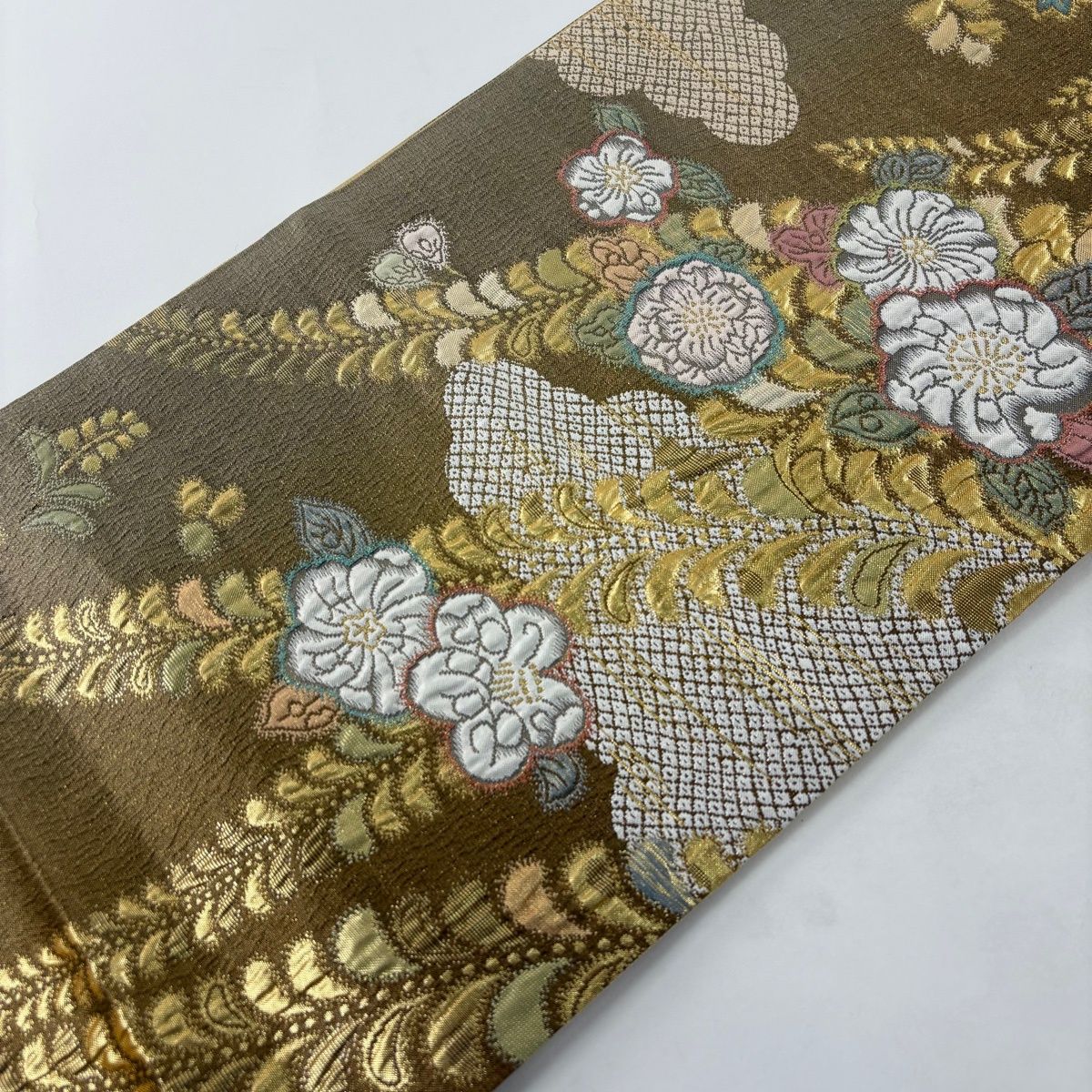 美品】 袋帯 秀品 辻が花 雲文 箔 金糸 茶色 六通 正絹 【中古