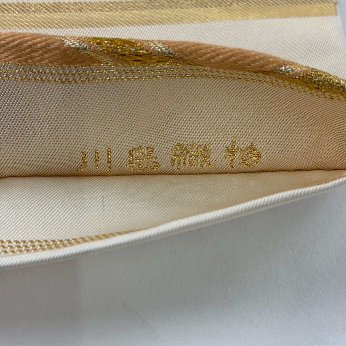 袋帯 秀品 川島織物 落款 ヱ霞 七宝華文 金銀糸 箔 ベージュ 六通 正絹