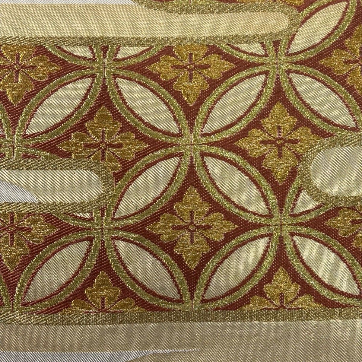 袋帯 秀品 川島織物 落款 ヱ霞 七宝華文 金銀糸 箔 ベージュ 六通 正絹