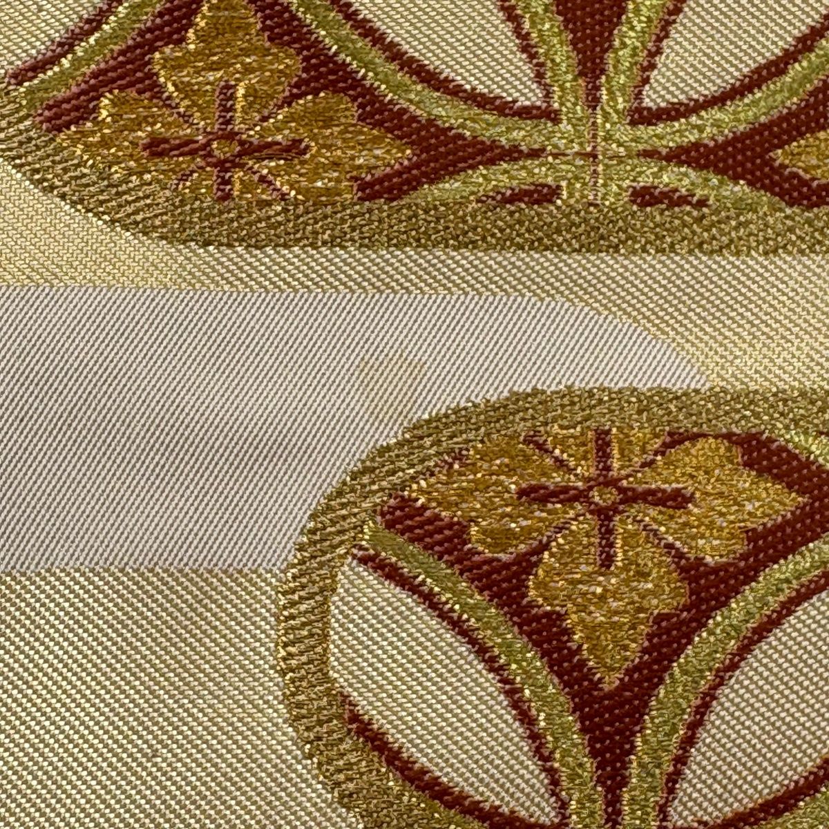 袋帯 秀品 川島織物 落款 ヱ霞 七宝華文 金銀糸 箔 ベージュ 六通 正絹