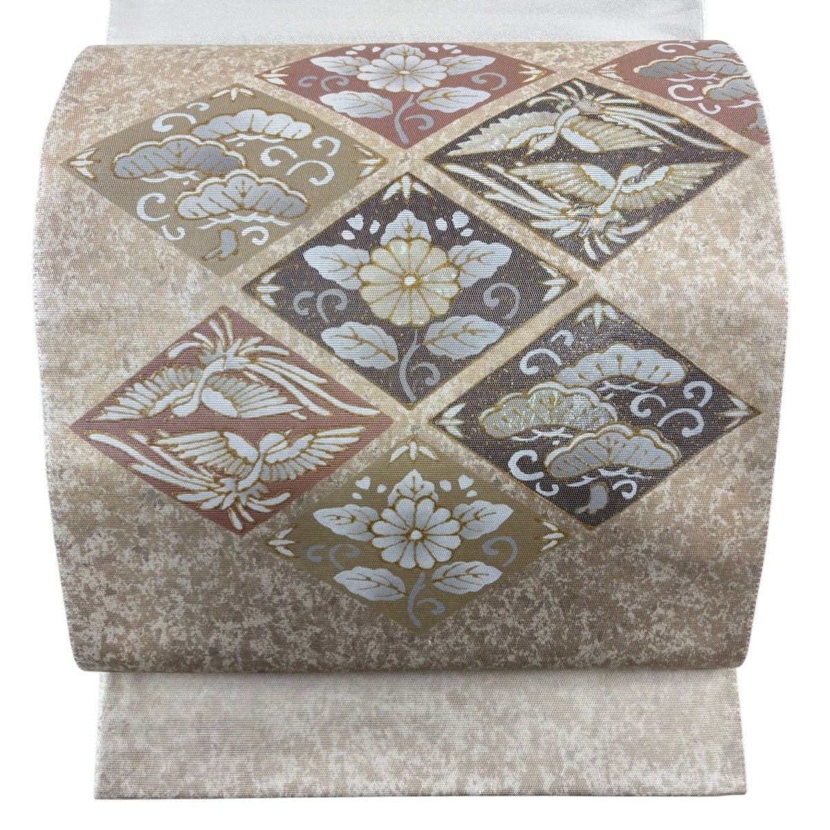 美品】 袋帯 秀品 菊 向かい鳥 螺鈿箔 箔 金色 お太鼓柄 正絹 【中古