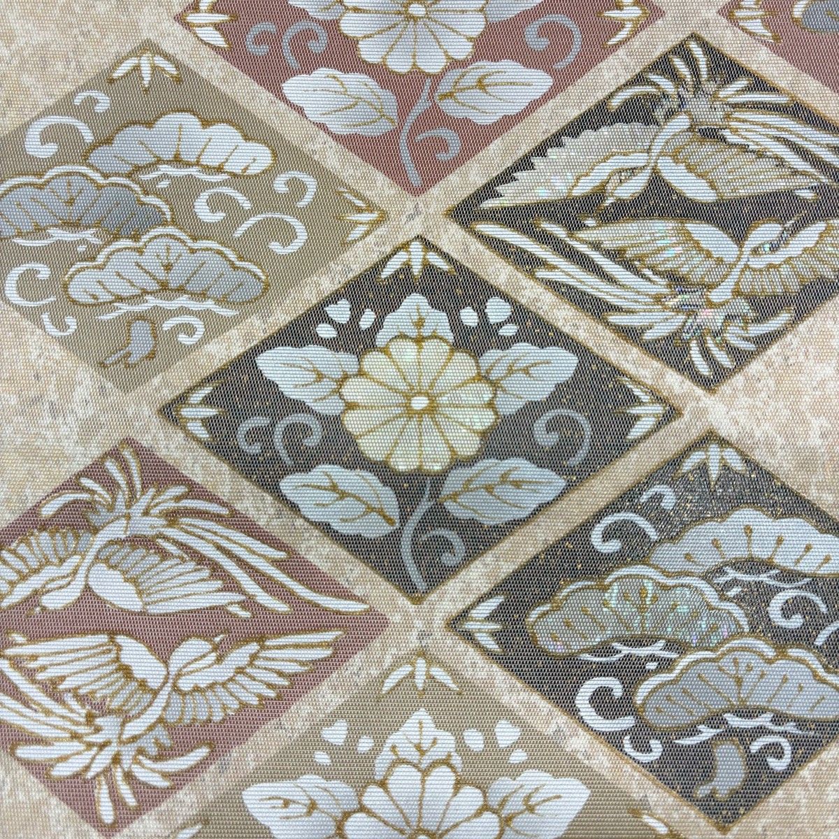 美品】 袋帯 秀品 菊 向かい鳥 螺鈿箔 箔 金色 お太鼓柄 正絹 【中古