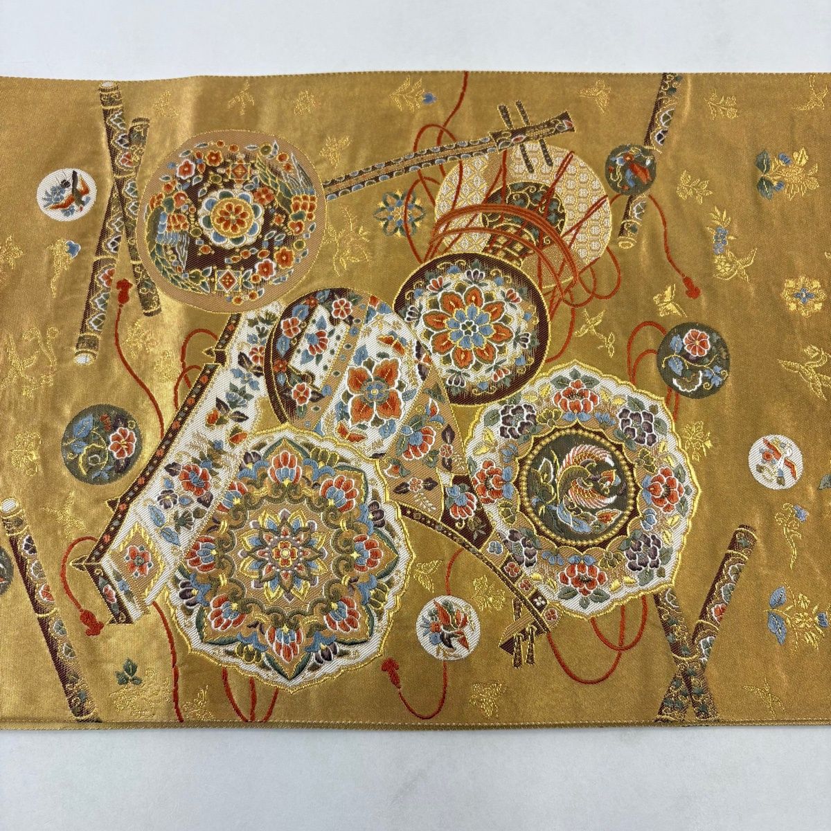 美品】 袋帯 秀品 正倉院瑞宝文 和楽器 箔 金糸 金色 お太鼓柄 正絹