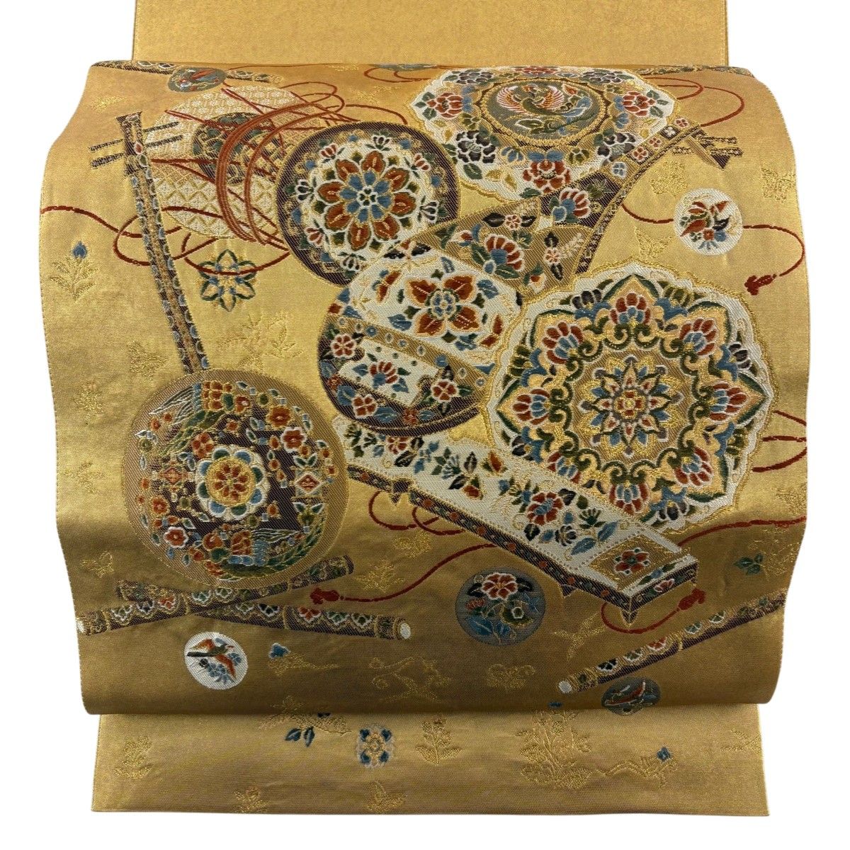 美品】 袋帯 秀品 正倉院瑞宝文 和楽器 箔 金糸 金色 お太鼓柄 正絹