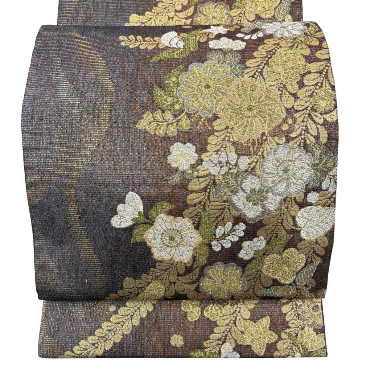 美品】 袋帯 秀品 やまと 辻が花柄 箔 金糸 茶紫 六通 正絹 【中古