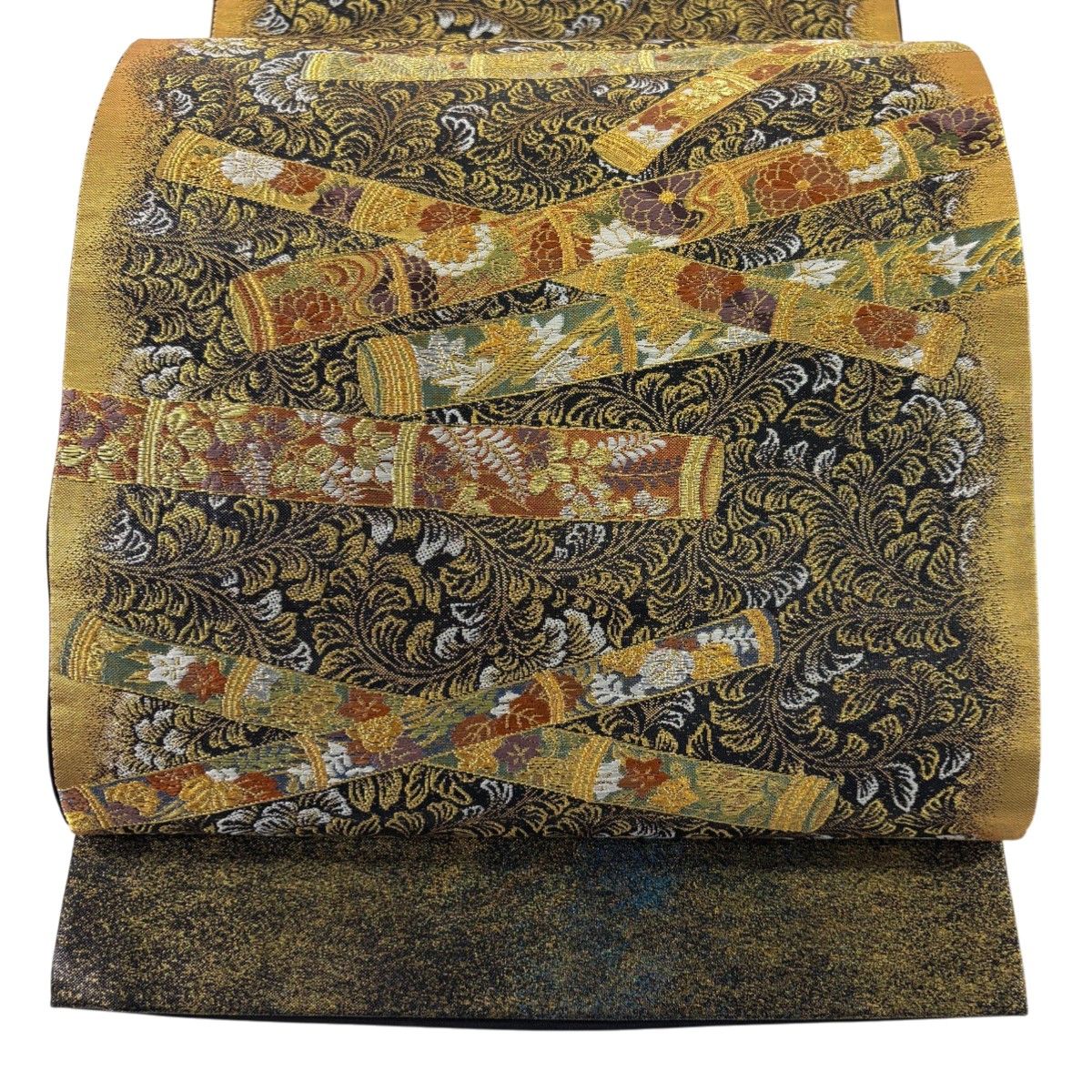 美品】 袋帯 秀品 落款 証紙 伝統工芸士 細野高夫 笛 唐草 金銀糸 箔