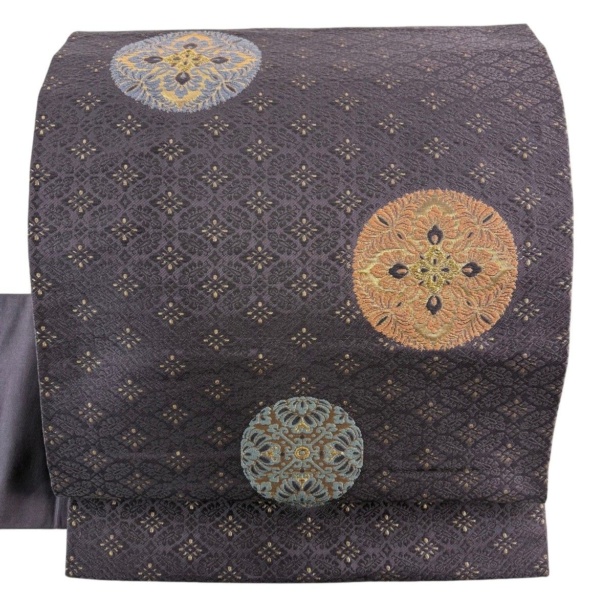 美品】 名古屋帯 秀品 浮線綾文 七宝花菱 唐織 箔 紫 正絹 【中古 