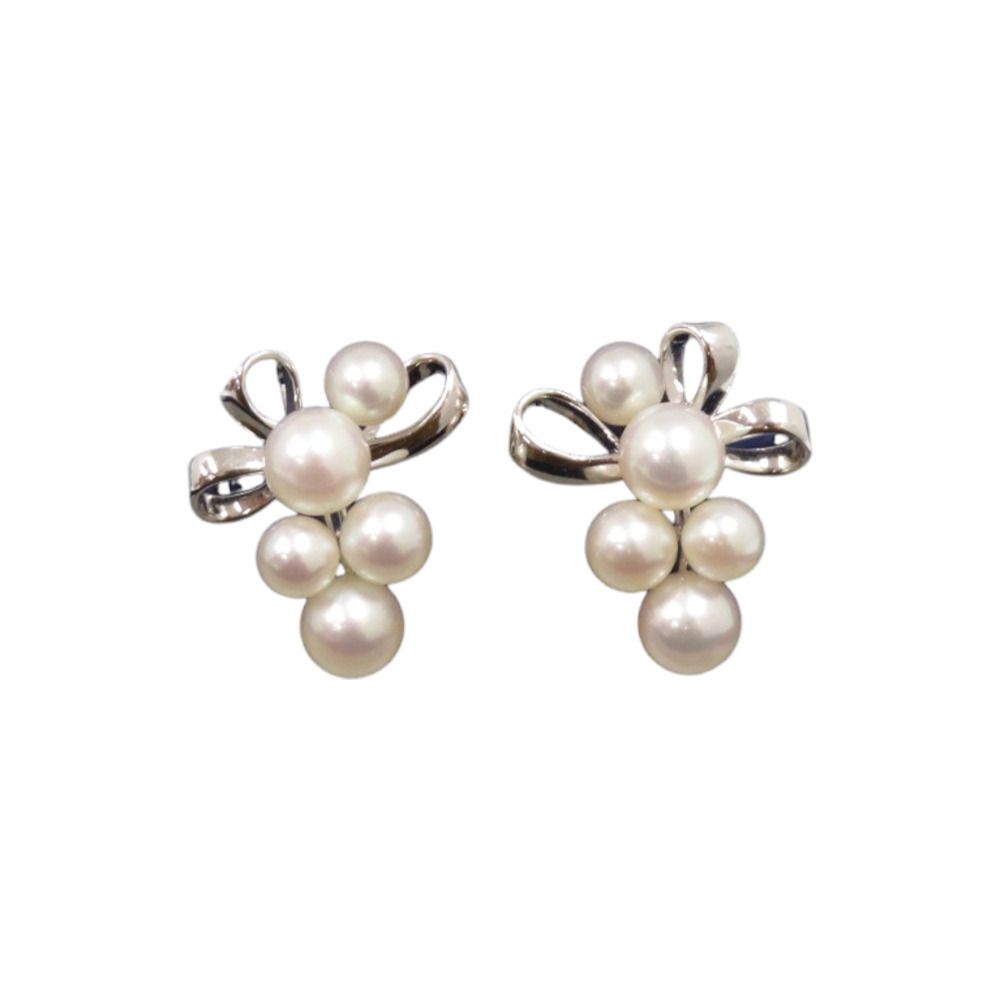 美品 ミキモト リボン シルバー パール ホワイト イヤリング 1107