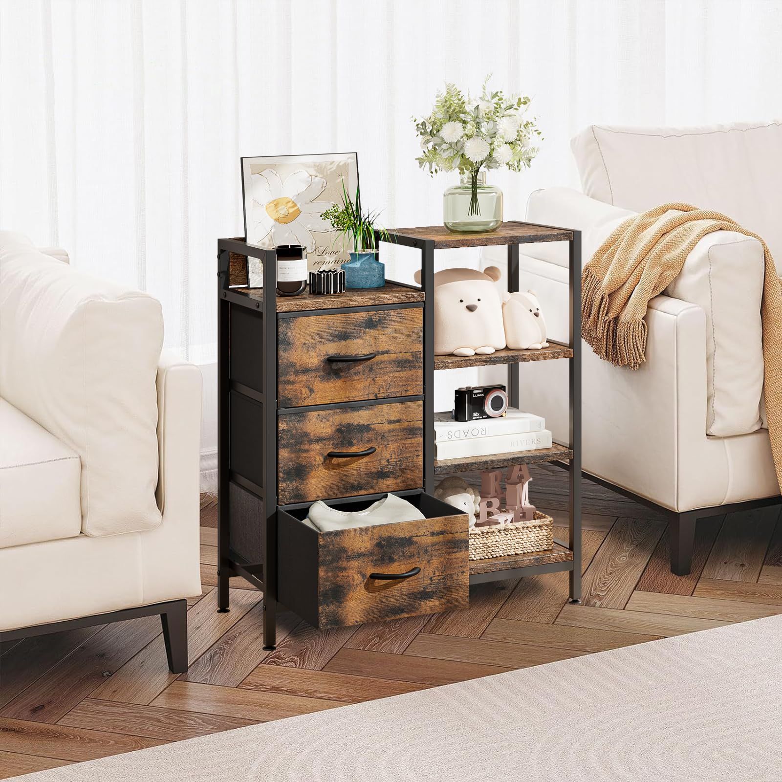 PASRLD タンス 4段棚つき チェスト キャビネット 収納棚 布製引き出し