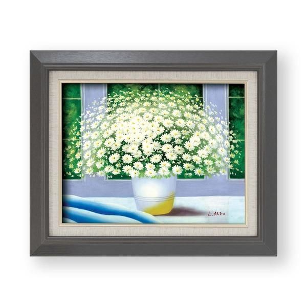 花の油絵 〕 黒いフレーム 白い花 アレックス 油絵額 F6号サイズ 紘黒
