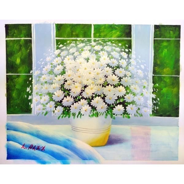 花の油絵 〕 黒いフレーム 白い花 アレックス 油絵額 F6号サイズ 紘黒