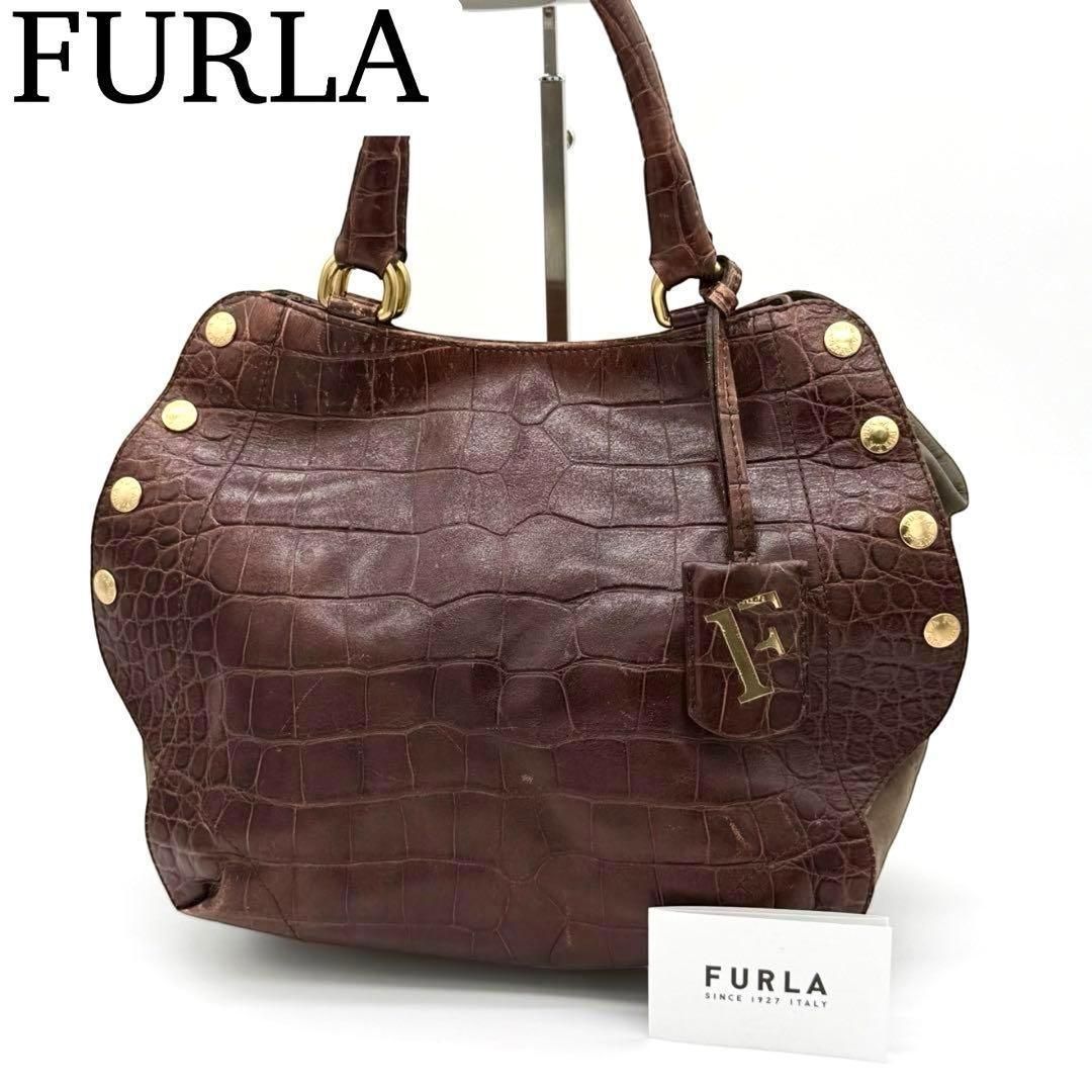良品】FURLA クロコ型押し ハンドバッグ レザー ヴィンテージ ブラウン