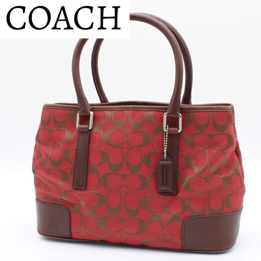 美品】COACH コーチ シグネチャー ハンドバッグ キャンバス レッド