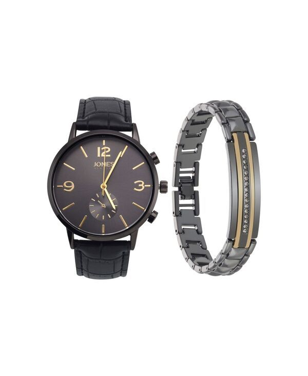 ジョーンズニューヨーク メンズ アクセサリー 腕時計 Jones New York Mens Analog Black Polyurethane Strap Watch 42mm and Bracelet Set Black ブラック
