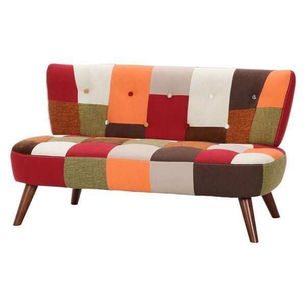 ソファー 2P 幅123×奥行67×高さ68cm パッチワーク 木製 脚付き 組立品