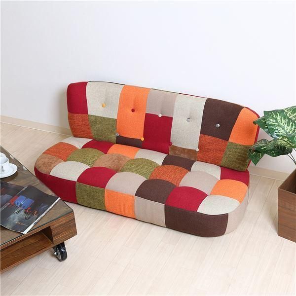 ソファー 2P 幅123×奥行67×高さ68cm パッチワーク 木製 脚付き 組立品