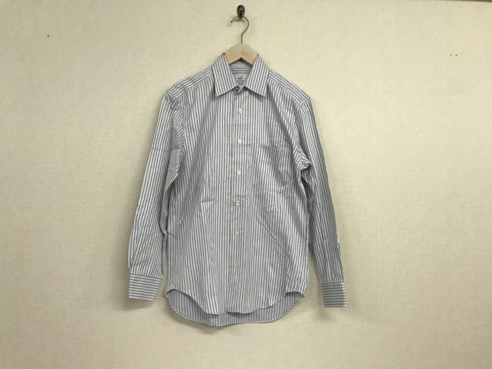 本物ダンヒルdunhillコットンストライプ柄ドレスロゴ刺繍長袖シャツ