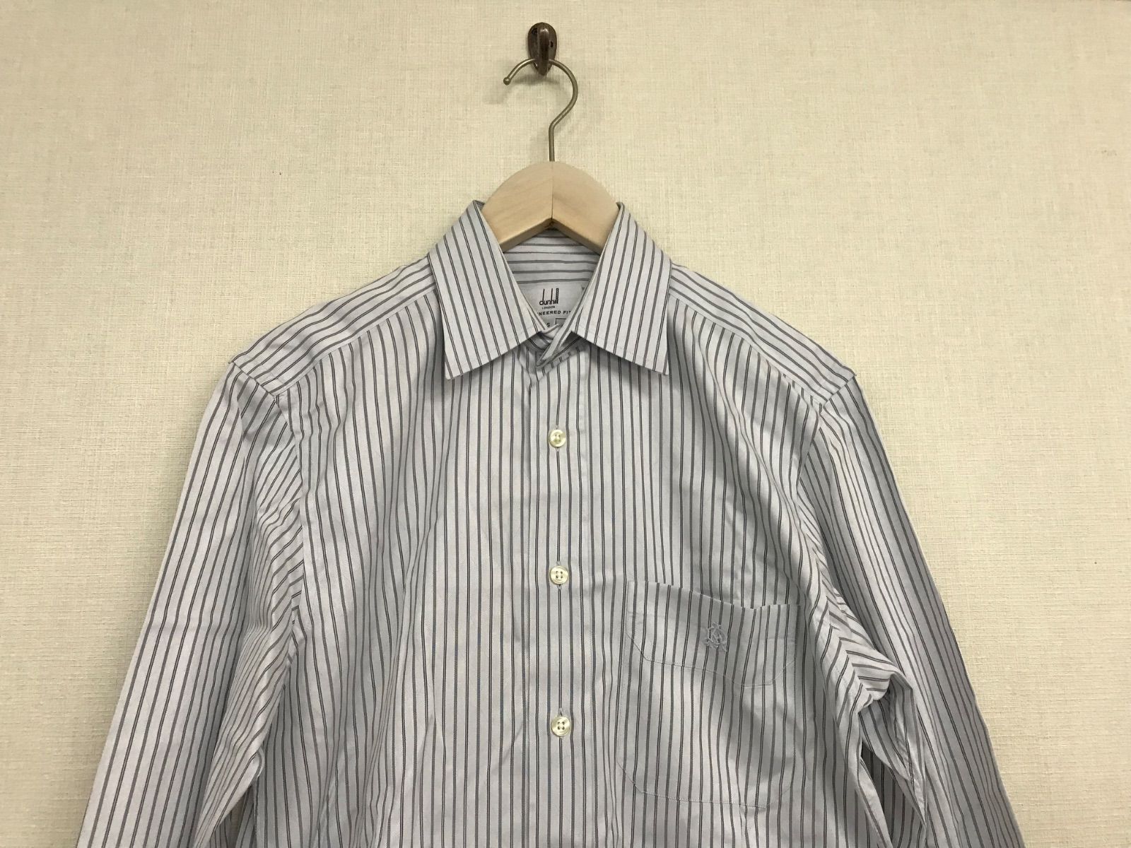 本物ダンヒルdunhillコットンストライプ柄ドレスロゴ刺繍長袖シャツ