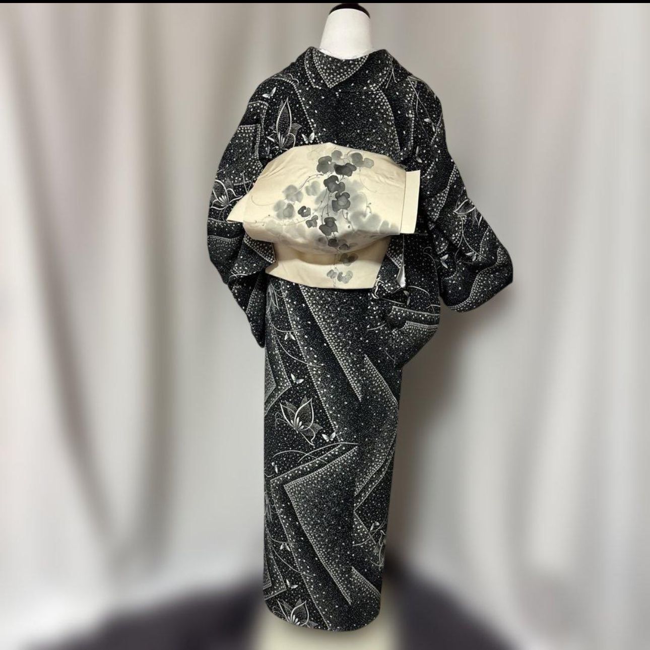 美品 袷 高級化繊 胴抜き 染め疋田 小紋 総絞り風 フルセット 4点 塩瀬