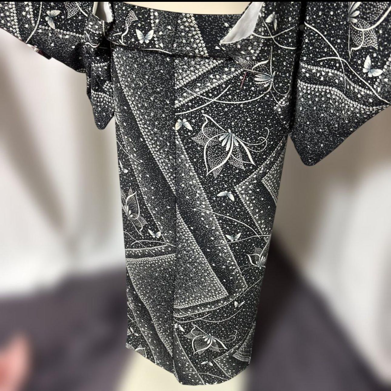 美品 袷 高級化繊 胴抜き 染め疋田 小紋 総絞り風 フルセット 4点 塩瀬