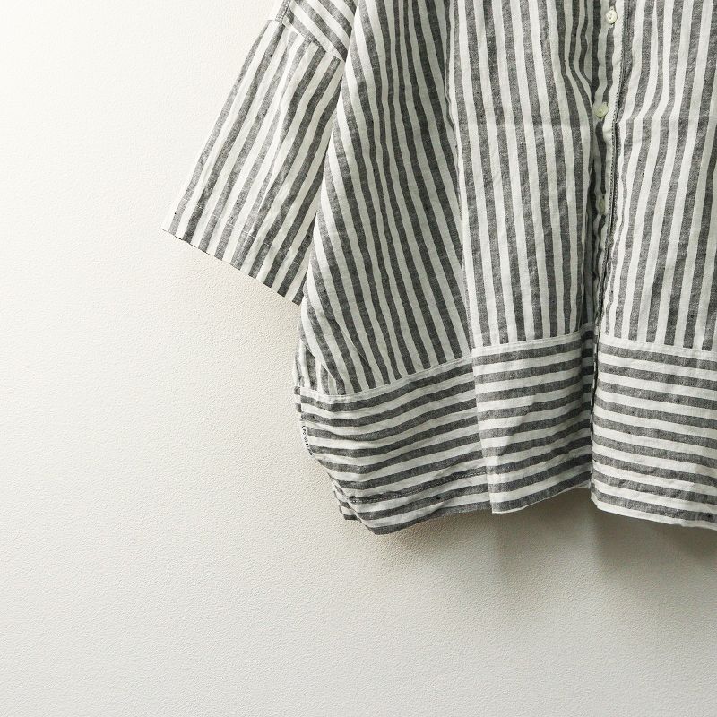 美品 2024SS ネストローブ nest Robe UpcycleLino ストライププチフリル2wayシャツ F｜ホワイト グレー【2400014834772】 nest Robe - 美品 2024SS ネストローブ nest Robe UpcycleLino